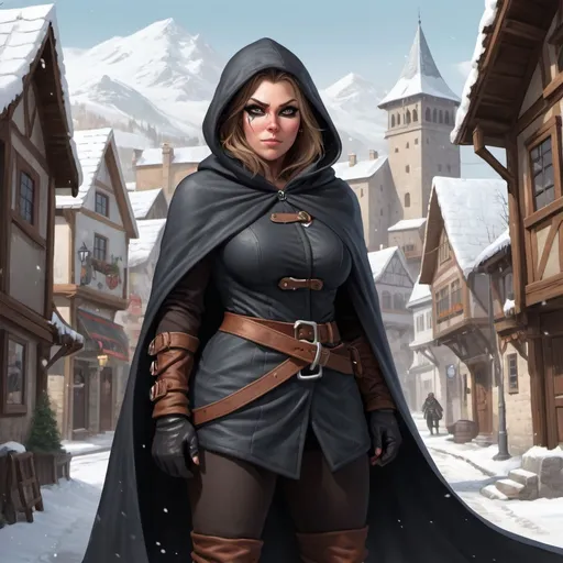 Prompt: Full body, Fantasy illustration of a female thief, middle aged, full figured, black eyepatch on the left eye, cloak cape,  mischievous expression, high quality, rpg-fantasy, detailed, snow covered wiking town background