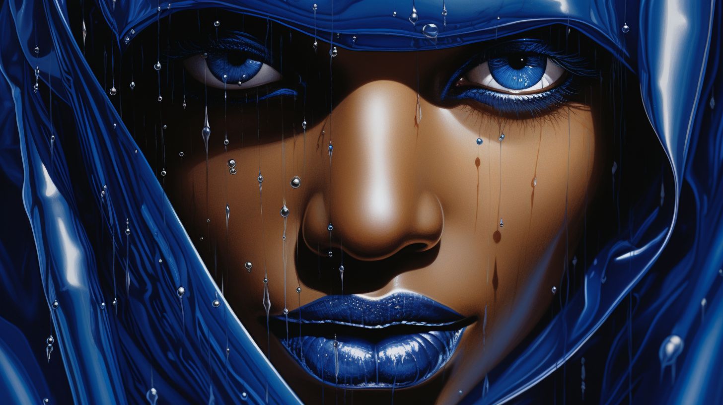 Prompt: an image of a blue woman face and blue shiny, in the style of michael whelan, silver and bronze, harlem renaissance, machine age aesthetics, shiny eyes, high contrast, serene faces