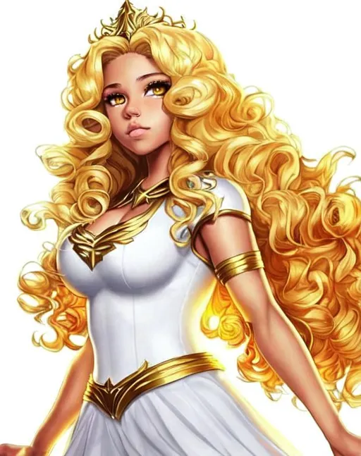 Prompt: A beautiful 15 year old ((Latina)) light goddess with light brown skin and a pretty face. She has curly yellow hair and yellow eyebrows. She wears a beautiful white dress with gold. She has glowing yellow eyes and white pupils. She wears a gold tiara on the back of her head. She has yellow energy surging through her body. E face portrait art. {{{{high quality art}}}} ((princess))
