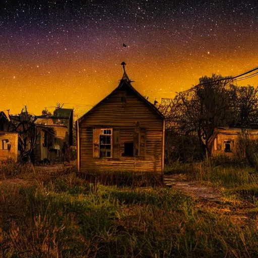 Prompt: old, abandoned, cozy town in shiny night sky