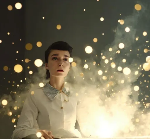 Prompt: Lady in a white dress shirt with a very puffy collar that has crazy gold sparkly magic spewing all around her collar because a magic spell just made contact with it