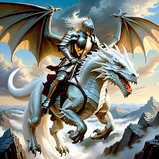 Prompt: Dragon rider Chivalric Knight in realistic oil painting, flying through the sky, majestic white dragon with vibrant white scales and fur, white ethereal wings, flowing white hair, fierce expression, mythical landscapes, high fantasy, oil painting, vibrant colors, epic scale, detailed armor, stunning face, atmospheric lighting, professional, highres, fantasy, oil painting, dragon rider, Chivalric Knight , flying, majestic, Dragon's face is bearded, ethereal, fierce expression, pale colors, high fantasy