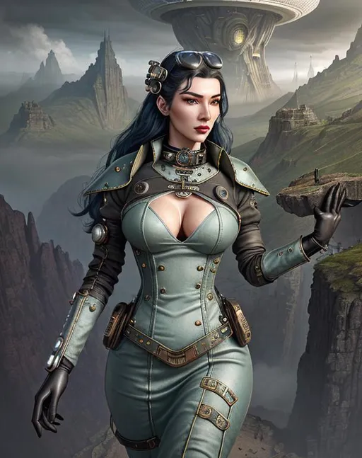 Prompt: Realistic futuristic dystopian landscape, heavy mist, at the edge of a mountain, with a large time hole on the ground,

Depicting a female Steampunk, PinUp High Fantasy Time Keeper, an exquisite portrayal of an exotic, gorgeous, slender, ultra realistic young adult woman, wearing a heavy iron collar,

Gorgeous perfectly detailed facial features, long legs, vibrant sumptuous perfect body, ultra pale, visible midriff, 

Perfect studio lighting, perfect shading, Professional Photo Realistic Image, RAW, artstation, splash style dark fractal paint, contour, hyper detailed, intricately detailed, unreal engine, fantastical, intricate detail, steam screen, complimentary colors, fantasy concept art, 64k resolution, deviantart masterpiece, splash arts, ultra details, Ultra realistic, hi res, UHD, complete 3D rendering.