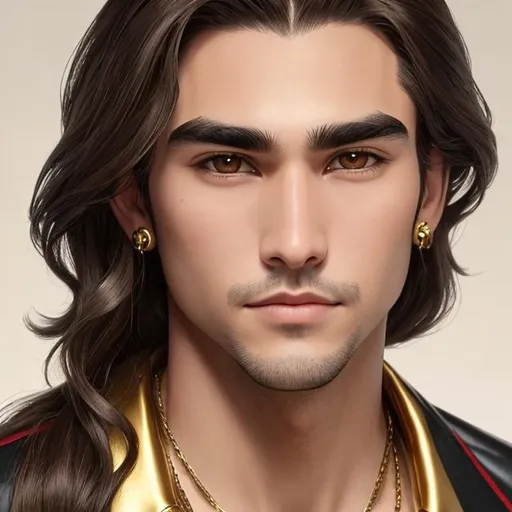 Prompt: man, brown middle part hair, medium long hair, brown eyes, thick black eyebrows, oval face, golden earring left side ear, 