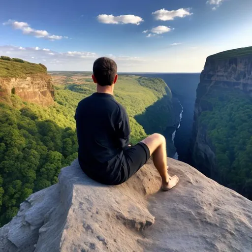 Prompt: a boby sitting in a cliff watching the future of itself