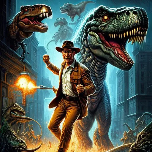 Prompt: (masterpeice), (ultimate quality), ultra realistic illustrated movie poster, incredibly detailed Harrison Ford face, {{Indiana Jones being chased by a T-Rex}}, intricate, elegant, highly detailed, digital painting, artstation, concept art, smooth, sharp focus, illustration, art by artgerm and greg rutkowski and drew struzan