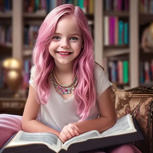 Prompt: Create a 4k, hyper realistic, detailed, high-quality portrait of a girl, pink hair, wearing luxurious jewelry, while smiling while reading a book,