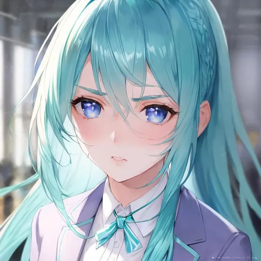 Prompt: 

beautiful perspective, nervous, 

white background, blue minty mint colored straight colored hair, purple eyes, 
watercolor photorealistic soft, smug look, worried eyebrows, sweating, photorealistic, confused facial expression, woman, long hair, blazer suit dress, closeup portrait shot of a young girl, mint hair, desks in background, detailed blue eyes,



side view medium close up portrait, looking from below,

photorealistic masterpiece best quality hyperdetailed flat color pastel mix ultra realistic hyperrealism 2.5D 1 very skinny beautiful girl hopeful, facing up, light smile, masterpiece best quality hyperdetailed white and black full body leather and cotton space suit, beautiful intricate anime blue eyes, beautiful hyperdetailed gloss lips, hyperdetailed flat color symmetrical contrast very short yellow white hair, hyper beautiful soft smooth skin,,

front yellow watercolor light, yellow light watercolor raytracing, yellow realistic watercolor lighting, yellow back light, yellow watercolor light,

space, glowing sunshine on face, yellow head lighting, yellow watercolor front lighting,

colorful, symmetrical, vibrant color, colorful ink illustration, digital painting, glamorous, vibrant, yellow,

album cover art, clean art, flat color art, 3D vector art, 3D illustration art, digital art, wallpaper, award winning,

hyper detailed sharp focus,perfect composition, good anatomy, extreme detailed CG, best quality, realism, intricate, 128K resolution, intricate details, extremely detailed, digital illustration, VRAY, unreal engine, octane render, unreal engine render, VRAY render,