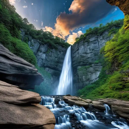 Prompt: long shot scenic professional photograph of a waterfall that looks like an infinity symbol, perfect viewpoint, highly detailed, wide-angle lens, hyper realistic, with dramatic sky, polarizing filter, natural lighting, vivid colors, everything in sharp focus, HDR, UHD, 64K