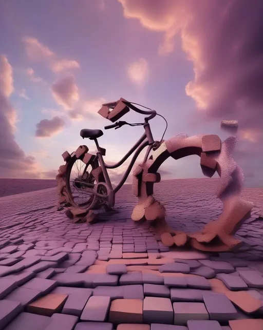Prompt: A surreal dreamscape blending real world elements into abstract forms, with a crumbling brick wall transforming into a wave-like pattern, an old bicycle melted and twisted into a metallic flower shape, clouds forming geometric cubes in a purplish sky. Shot with a Fujifilm X-T4 mirrorless and 10-24mm ultra-wide angle lens. Uplifting pastel colors, softly blurred. 