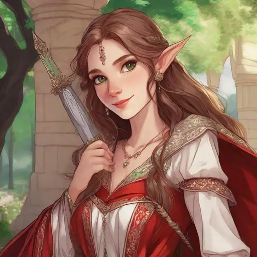 Prompt: Closeup. A cute young female elf from changeling the dreming. she wields a sword. she is dressed in lavish court dress. she wears in red with silver details. she has brown hairs. deep green eyes. Smiling. background a fairy castle on an hill. Rpg art. 2d art. 2d. well draw face. Detailed. 