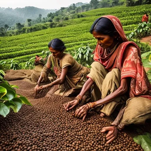 Prompt: In search of stunning digital art: Seeking a captivating depiction of an Eastern Ghats coffee farm, featuring an Indian tribal woman gracefully plucking  coffee beans. The sky must be light beige. show indian coffee farms
