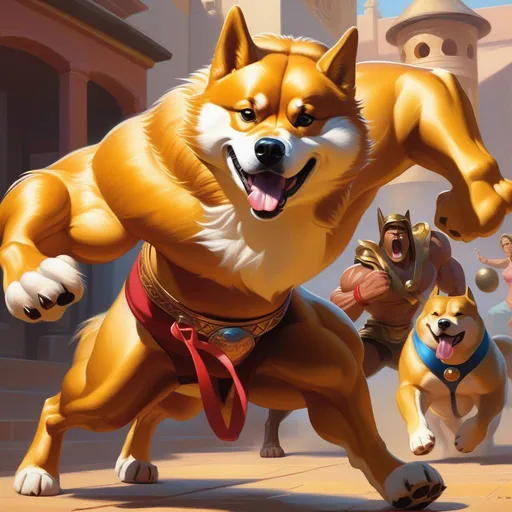 Prompt: Swole doge beating cheems, cartoony style, extremely detailed painting by Greg Rutkowski and by Henry Justice Ford and by Steve Henderson 