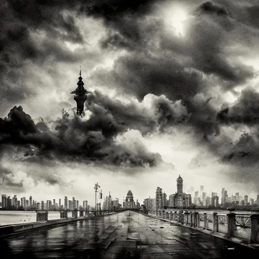 Prompt: symbolic mumbai city, fresco, poster feel, backdrop, monotone, cool light, rainy, sea link