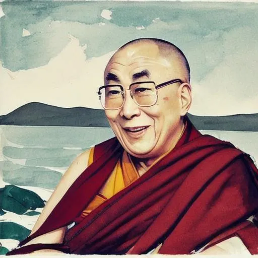 Prompt: Dalai Lama smiling in the style of Winslow Homer.