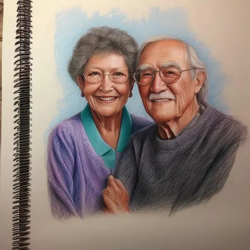 Prompt: handrawn or sketch vivid colored pencil of a couple of grandparents, not in 3d, but in 2d, they must be happy, not so detailed, drawn in a blanck sheet