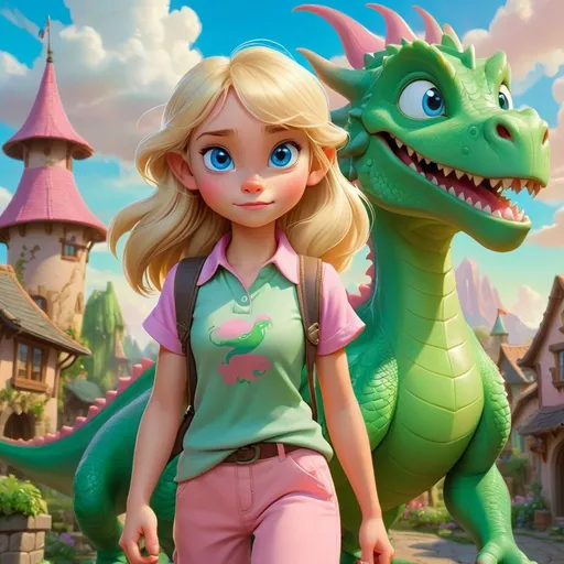 Prompt: A disney blonde girl with blue eyes holding a walking next to her green dragon with a village in the background. The clouds are in the sky and the sun is shining bright. The girl is also wearing pink shirt with dinosaur on it 