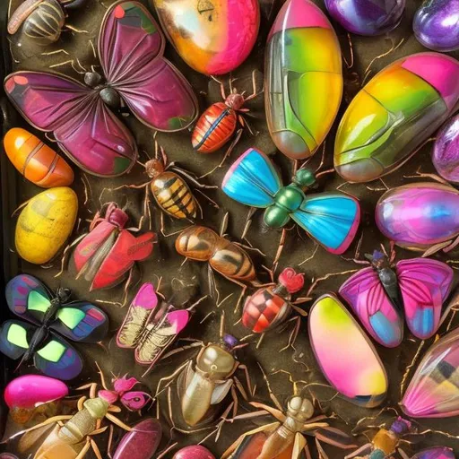 Prompt: Entomology specimens diorama in the style of Lisa frank 