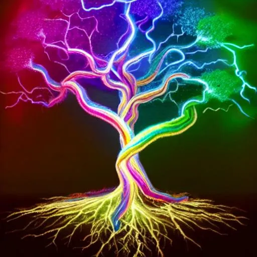 Prompt: yggdrasil made of rainbow lightning