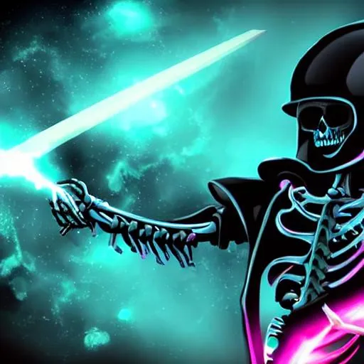 Prompt: a cyber skeleton, black, turquoise eyes, blue lightning, holding a sword, in space