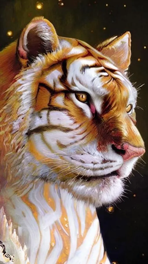 Prompt: A golden Tiger. Intricate details. Style by taras loboda, Victo Ngai, catrin welz-stein, van Gogh, Ivan Bilibin, Josephine Wall, android Jones,  wlop, Anato Finnstark, Tom Bagshaw. Iridescent glow, shimmer, Best quality, highly detailed.