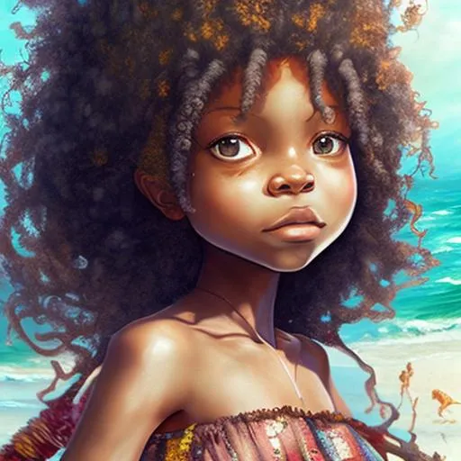 little afro girl named Chapter, exuberant, on a beac... | OpenArt