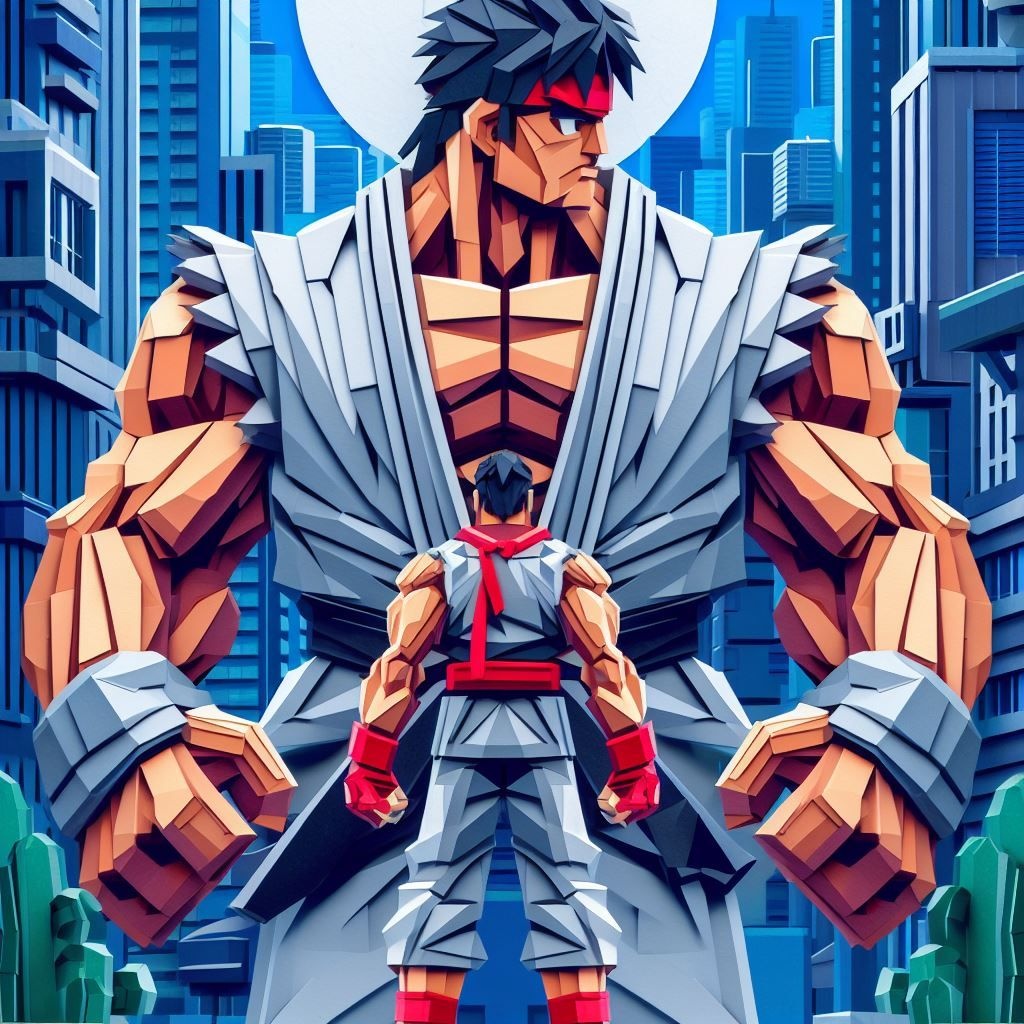 Prompt: papercut Ryu vs papercut E. Honda from streetfighter, background is a cityscape in the style of neogeo