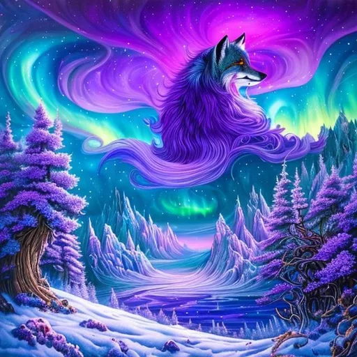 Prompt: masterpiece:1.5, detailed oil painting, insanely detailed, Best Quality:1.5) insanely beautiful wise vixen fox, ageless, ice elemental, lavender pelt, (veiled in auroras), psychedelic colors, (calm hypnotic eyes gleaming amethyst-violet), calm regal smile, stands majestically on a celestial mountain, gorgeous frosted silver mane, insanely detailed fur, insanely detailed eyes, insanely detailed face, slender, (magic violet highlights in fur), crackling lightning, ice storm, (lightning halo), tilted halo, lightning charged atmosphere, enchanting moonlight beaming through clouds, 64K