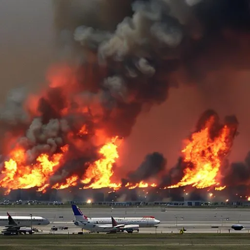 Prompt: an burning airport an people fleeing