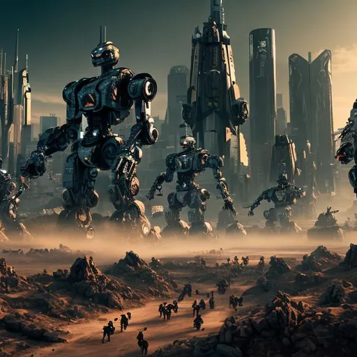 Prompt: 4K landscape, with robots marching towards city
