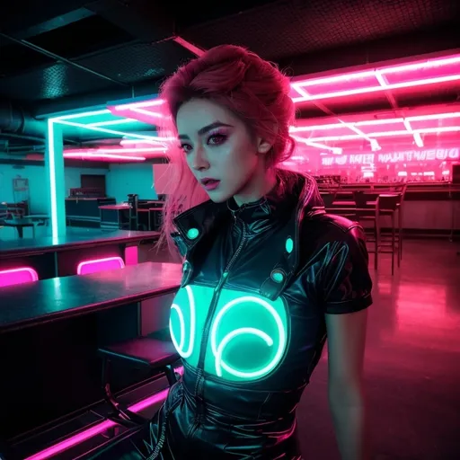 Prompt: a beautiful female demon in a dynamic pose in a retro futuristic synthwave cyberpunk neon paradise.  neon lighting, high quality, beautiful, synthwave, cyber, retro, futuristic