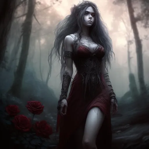 Prompt: scene view, walking, long hair, female, high fantasy, fine details, realistic shaded, looking off into a forest, grunge, dark, Unreal Engine, Beautiful, Hd Photography, Hyperrealism, long red dress, high contrast, detailed face, roses, fog, rising skeletons from the ground in background