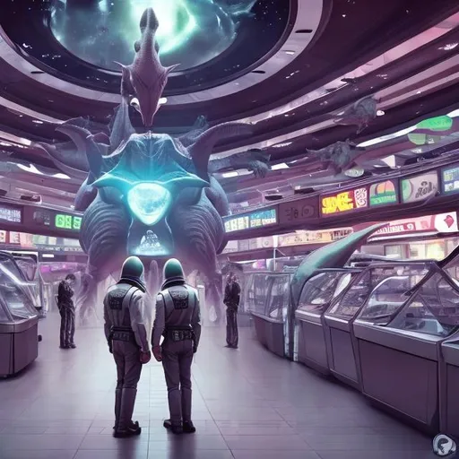 Prompt: Triceratops security guards in a busy alien mall, widescreen, infinity vanishing point, galaxy background, surprise easter egg