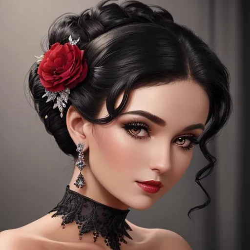 Prompt: Beautiful woman portrait wearing a black evening gown, ruby jewelry,elaborate updo hairstyle adorned with flowers, facial closeup