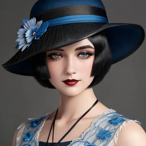 Prompt: a pretty girl  dressed in blue,  dark black hair, flapper, wearing a hat 1920's era, bob hair cut, 1920's era makeup, facial closeup