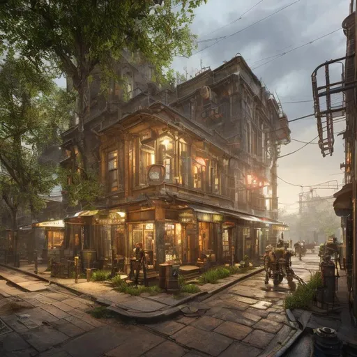 Prompt: urban steampunk downtown storefront, cafe, sunny day, Realistic, lush, green forest, many trees, with a path, nature, wildlife, high res, 4K, futuristic dystopian city, thunder in the night sky, sparks, realistic, absurd; early morning, summer, cinematic lighting, detailed digital illustration, procreate, hyperrealistic, highly detailed, 8k