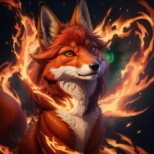 Prompt: (8k, 3D, UHD, ultra sharp, very detailed, masterpiece, detailed oil painting) portrait of fire elemental ((fox)), (canine quadruped), adolescent female, silky crimson-red fur, emerald green eyes, 8k eyes, youthful, lively, lithe, black fur highlights, long silky hair on crest, plump, umber red mane, beautiful charming mischievous grin, wispy brown ears, wispy ruby-red mane flowers on fur, snow-capped trees, fur dusted with snow, forest, silky bushy tail, billowing mane, professional, unreal engine, dynamic, highly detailed