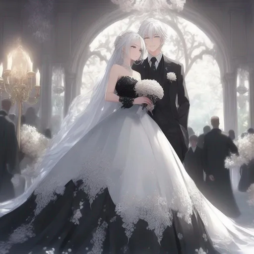 Prompt: beautiful, white haired, black wedding dress, petite, cute, anime, 18+