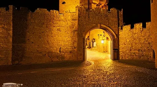 Prompt: castle gate at night