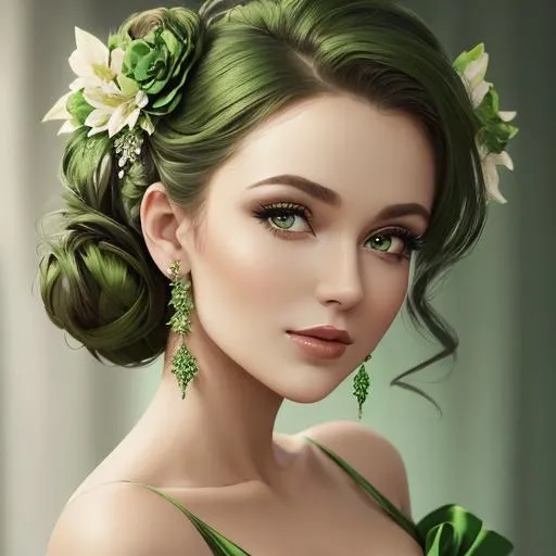 Prompt: Beautiful woman portrait wearing an green evening gown, elaborate updo hairstyle adorned with flowers, facial closeup