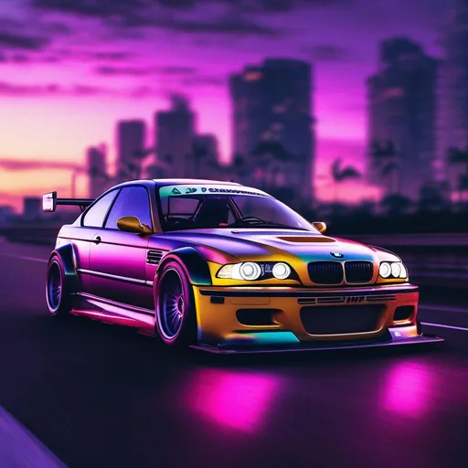 Prompt: 2001 BMW M3 E46 GTR, synthwave, aesthetic cyberpunk, miami, highway, dusk, neon lights, coastal highway, dusk, neon lights, coastal highway, sunset, drift, nurburgring, water on the road, blade runner, 8k, watercolor, macro sharp focus, 8, hyper realistic, cinematic