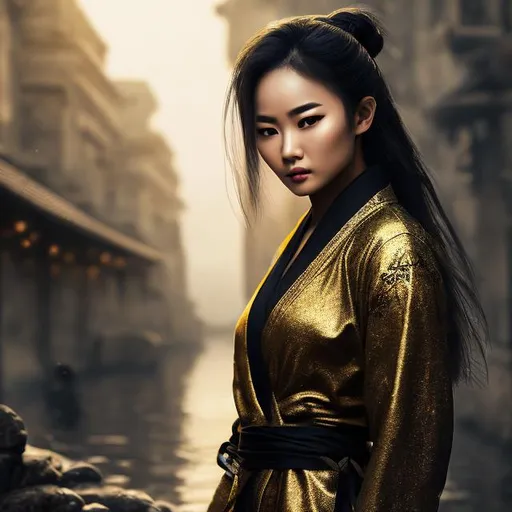 Prompt: create best quality photograph of beautiful elite female ninja in gold and black ninja style robes, Most beautiful background, detailed face, extremely detailed environment, extremely detailed background, extremely detailed skin, extremely detailed clothing, natural colors , professionally color graded, photorealism, 8k, realistic, moody lighting, ambience lighting, galactic environment, volumetric lighting