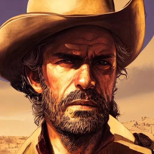 Prompt: portrait of a man with a long duster, grey hair and a cowboy hat, greek origin, harsh good looking face, drawn by ruan jia, fantasy art, red dead redemption, django, town background, dramatic lighting, digital art, 8 k, extremely detailed