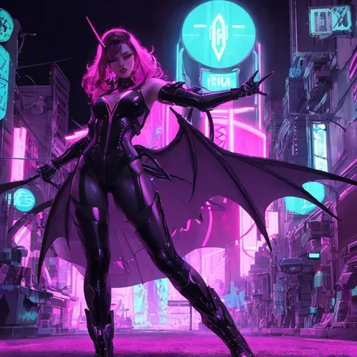 Prompt: a beautiful female demon in a dynamic pose in a retro futuristic synthwave cyberpunk neon paradise.  neon lighting, high quality, beautiful, synthwave, cyber, retro, futuristic