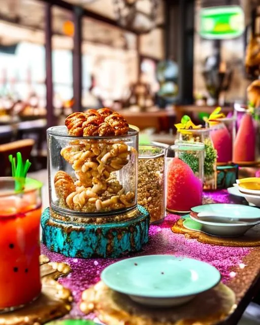 Prompt: A table set with fantastical dishes including colorful juices in test tubes, exotic puffed rice towers, and speckled mushroom croissants.