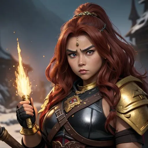 Prompt: masterpiece, splash art, ink painting, beautiful pop idol, D&D fantasy, (25 years old) lightly tanned-skinned gold Dwarf barbarian female, ((beautiful detailed face and large eyes)), ((short, stocky, dwarf proportions)), furious expression, medium length red hair, serious expression looking at the viewer, wearing detailed hide armor holding a huge battle axe above in one hand  in a tundra setting #3238, UHD, hd , 8k eyes, detailed face, big anime dreamy eyes, 8k eyes, intricate details, insanely detailed, masterpiece, cinematic lighting, 8k, complementary colors, golden ratio, octane render, volumetric lighting, unreal 5, artwork, concept art, cover, top model, light on hair colorful glamourous hyperdetailed medieval city background, intricate hyperdetailed breathtaking colorful glamorous scenic view landscape, ultra-fine details, hyper-focused, deep colors, dramatic lighting, ambient lighting god rays, flowers, garden | by sakimi chan, artgerm, wlop, pixiv, tumblr, instagram, deviantart