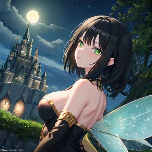 Prompt: , fairy, anime woman , black hair, green eyes, near a castle, at night, woman,