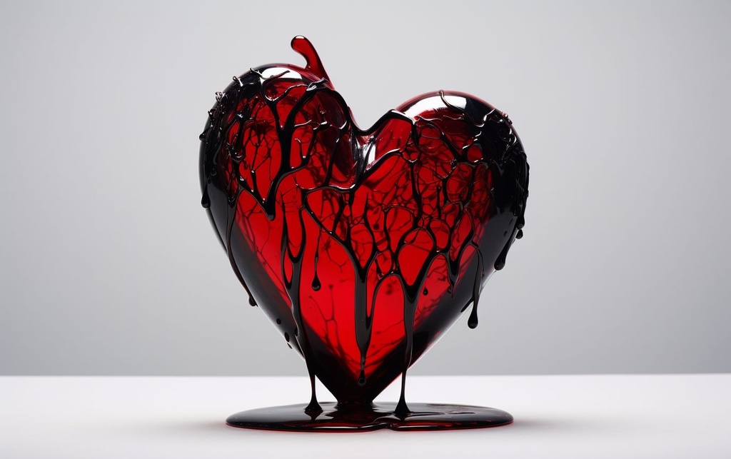 Prompt: broken red glass heart black vanta black oil pouring out