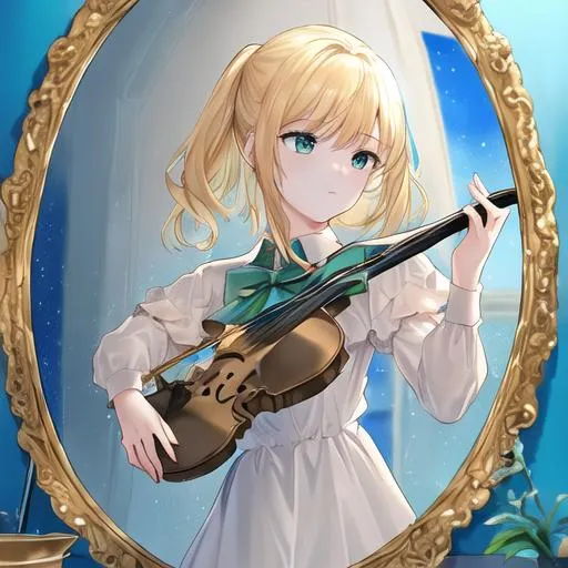 Prompt: a golden violin with a white reflection in a mirror with a god playing it 4k ultra hd splash of art portrait blue and green sky