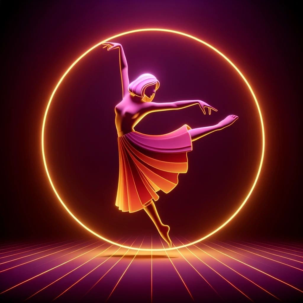 Prompt: 2D game art depicting a woman in a dynamic dance pose, encircled by an orange neon light. Her attire and stance echo reimagined classical forms, with light magenta and yellow being the dominant colors. The scene gives a sense of movement and rhythm, suitable for a game setting.